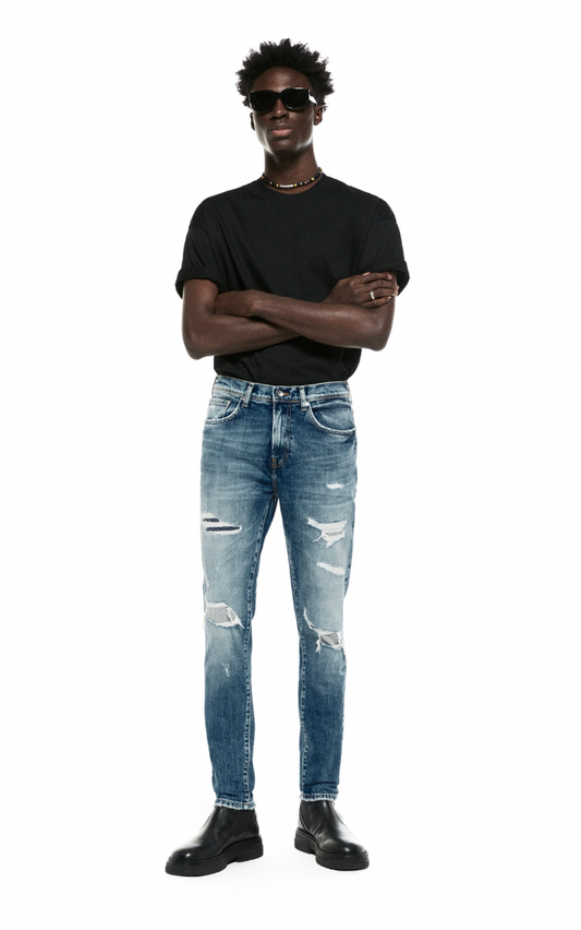 TOPSTITCHED RIPPED JEANS