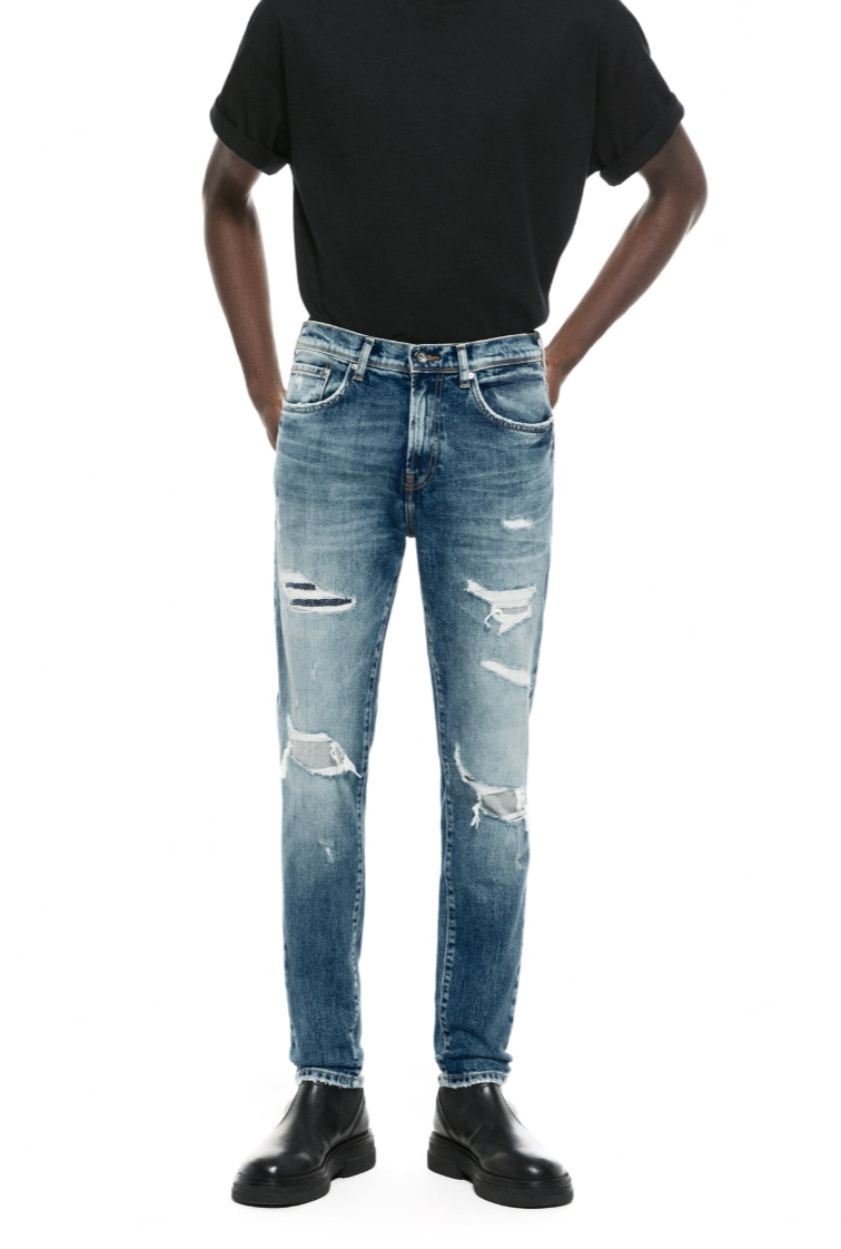 TOPSTITCHED RIPPED JEANS