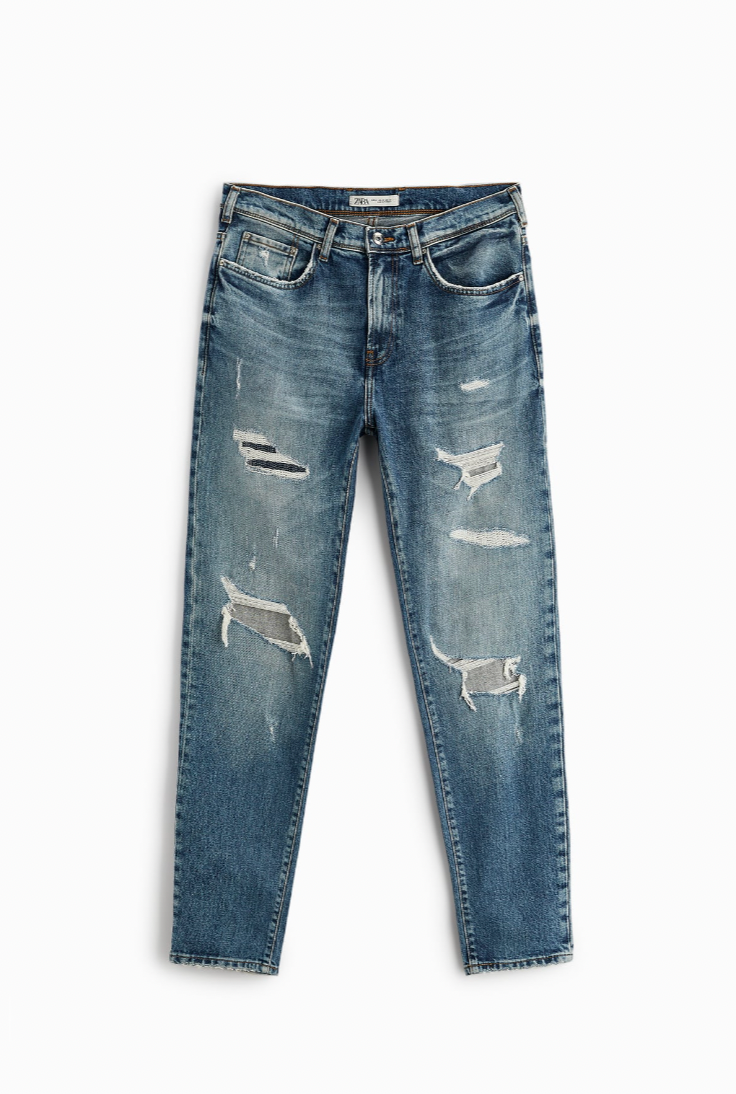 TOPSTITCHED RIPPED JEANS